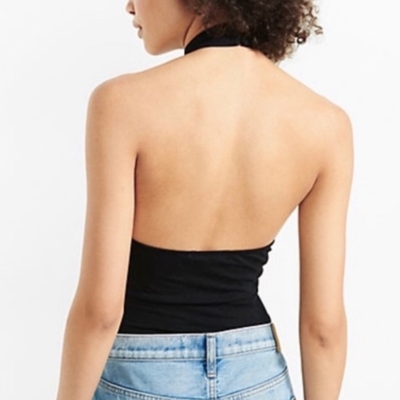Express Black Strappy Criss-Cross High-Neck Halter Knit Low-Back Bodysuit - Picture 2 of 8
